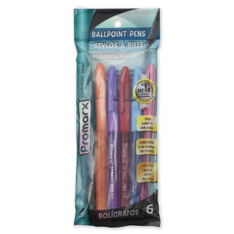 Promarx Tc Ball Pro Grip Fashion Ballpoint Pens, 1.0 mm, Assorted Colored Ink, 6-Count - Image 1